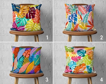 Colorful Leaves Pillow Case, Multicolored Tropical Pillow Cover, Boho Vibrant Cushion Cover, Euro Pillow Sham, 20x20 18x18 16x16