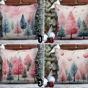 Federa per cuscino con alberi di pino rosa, gioiosa fodera per cuscino foresta invernale, simpatico arredamento per le vacanze di Natale, accogliente arredamento per la casa, regalo Boho per Capodanno, qualsiasi dimensione