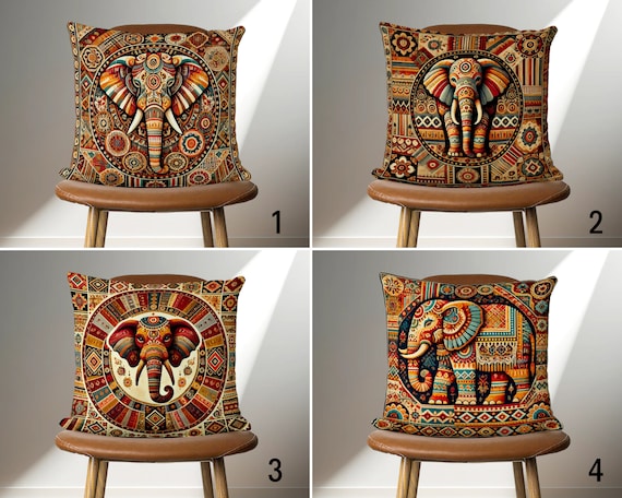 Boho Ethnic Elephant Design Throw Pillow Cover, Bohemian Indian Style Pillow Cover, Elephant Cushion Cover, African Home Decor, 24x24, 14x14