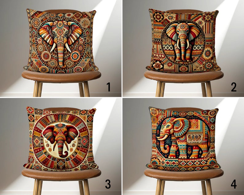 May include: Four decorative throw pillows with colorful patterned designs featuring an elephant motif. The pillows are displayed on brown chairs with a light background.
