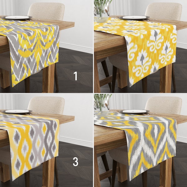 Yellow & Gray Ikat Design Runner, Eclectic Ethnic Table Runner, Ikat Print Table Cover, Table Linens, Any Size Runner, Vintage Style Decor