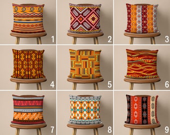 Rug Design Pillow Case, Orange Aztec Pillow Cover, Southwestern Cushion Cover, Ethnic Boho Decor, Farmhouse Pillow, 18x18, 20x20 16x16