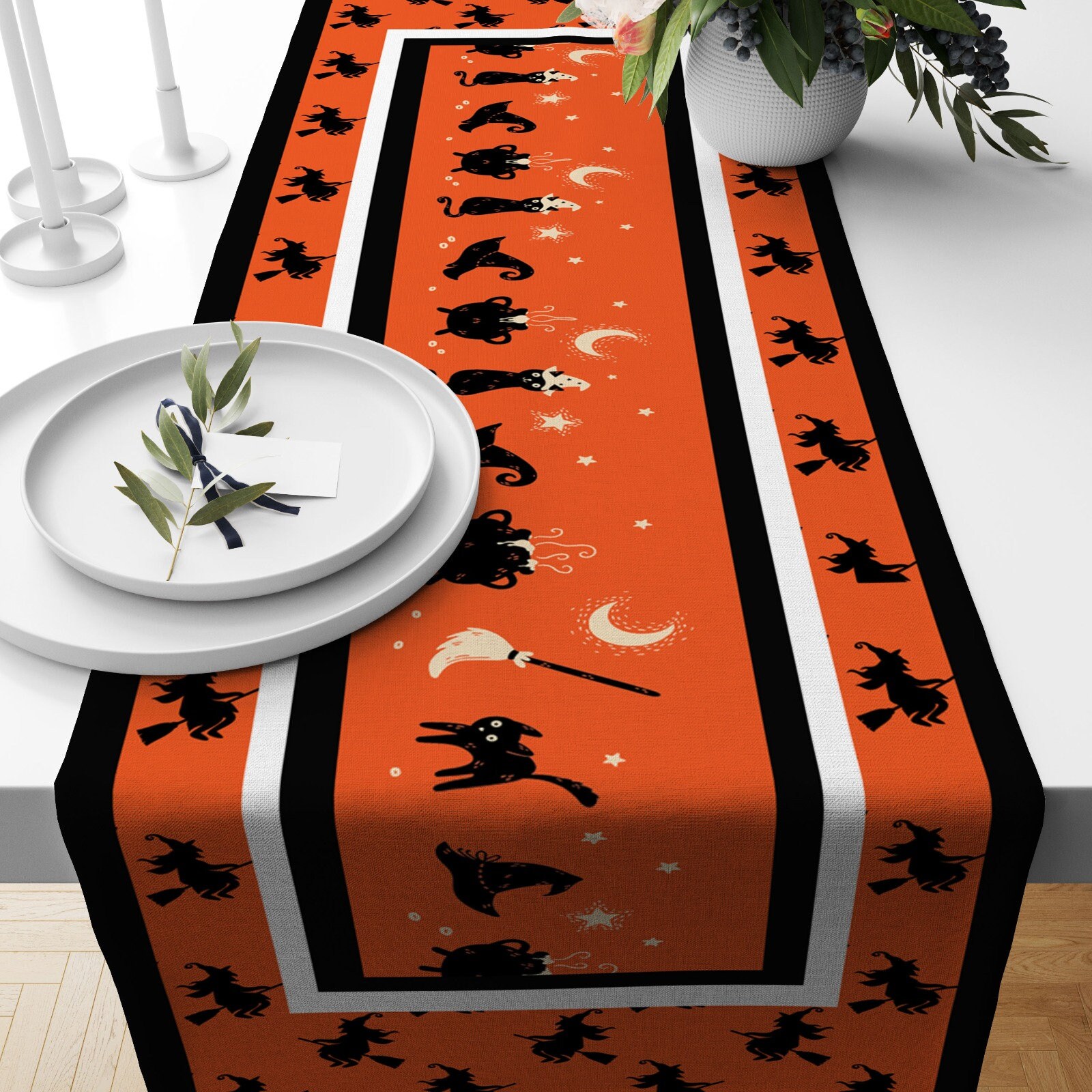 Orange & Black Halloween Table Runner, Black Cat and Bat Table Runner ...