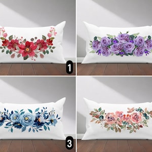 Floral Watercolor Pastel Color Lumbar Pillow Cover, Red Purple Blue Pink Flowers Cushion Cover, Summer Spring Pillow Cover, Farmhouse Decor