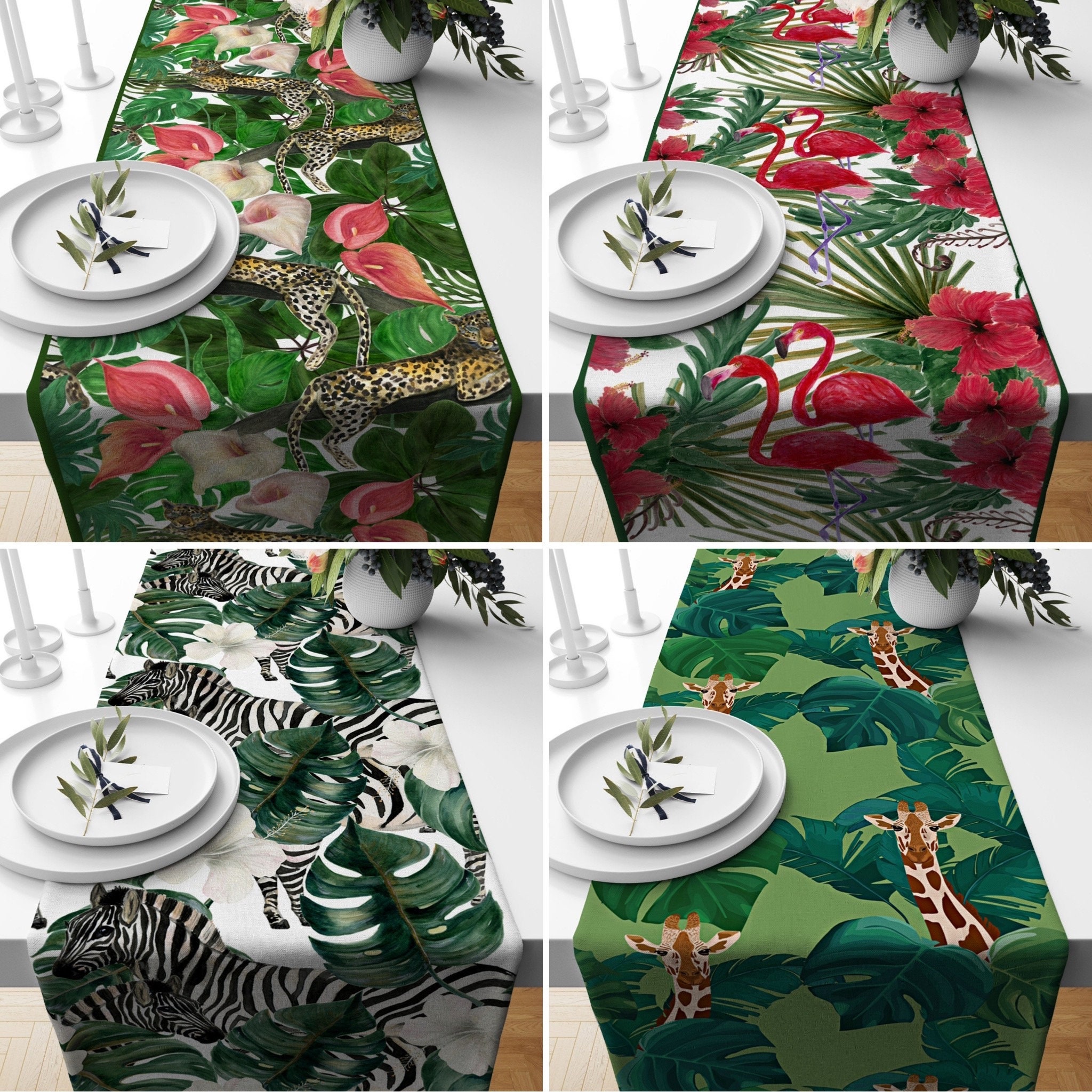 Wild Animals Table Runner Leopard Zebra Kitchen Runners Nature Tablecloths Giraffe and Flamingo Decor Any Size Table Runner