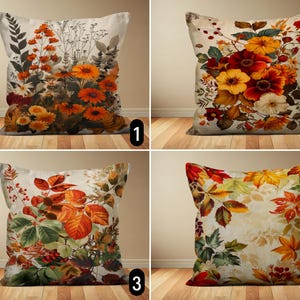 Peut inclure: Quatre housses de coussin décoratives avec des motifs floraux et de feuilles d'automne. Les coussins présentent une variété de couleurs, notamment l'orange, le rouge, le jaune et le vert. Les motifs sont imprimés sur un tissu beige.