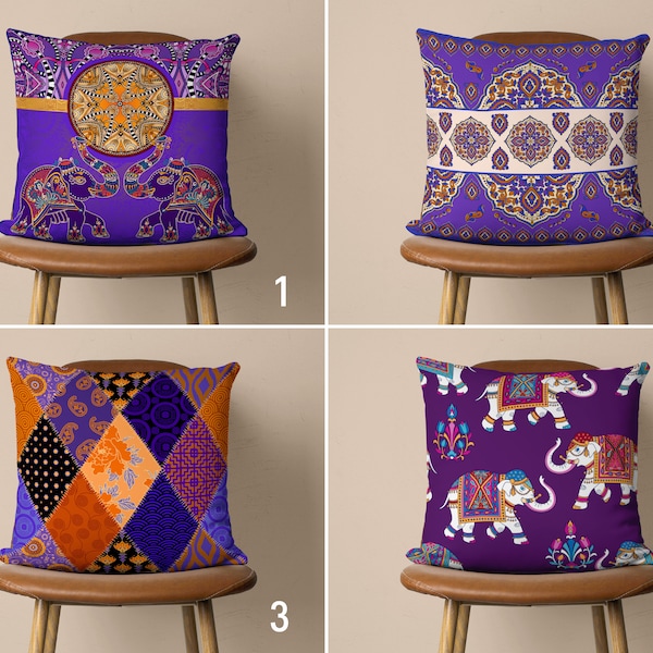 Ethnic Purple Pillow Cover, Boho Elephant Pillow Case, Moroccan Style Cushion Cover, Living Room Decor, Indoor & Outdoor Decor, 18x18, 20x20