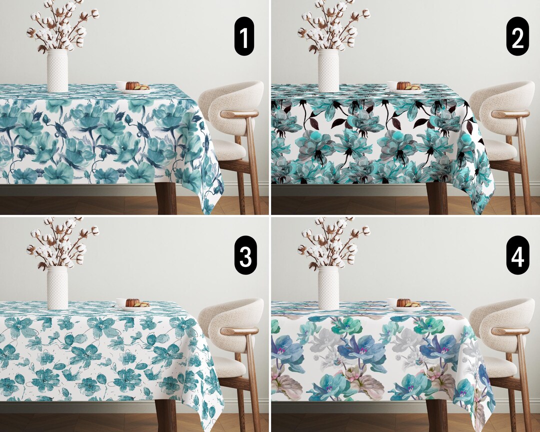 Floral Turquoise & Teal Blue Tablecloth, Watercolor Blooming Flowers ...