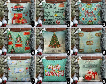 Merry Christmas Pillow Cover, Joyeux Noel Pillow Cover, Mint Green & Teal Blue Color Vintage Style Holiday Pillow Case, Winter Cushion Cover