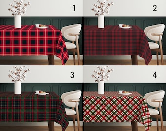 May include: Four different red and black plaid tablecloths with a white vase and cotton flowers on a table with a chair in front of each tablecloth. The tablecloths have different patterns. The first tablecloth has a large plaid pattern. The second tablecloth has a smaller plaid pattern. The third tablecloth has a green and red plaid pattern. The fourth tablecloth has a diamond pattern.