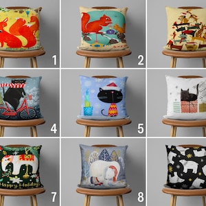 Cute Animals Pillow Cover, Christmas Cushion Cover, Winter Pillow Case, Farmhouse Cushion, Bedroom Decor Aesthetic, Any Size Pillow Cover