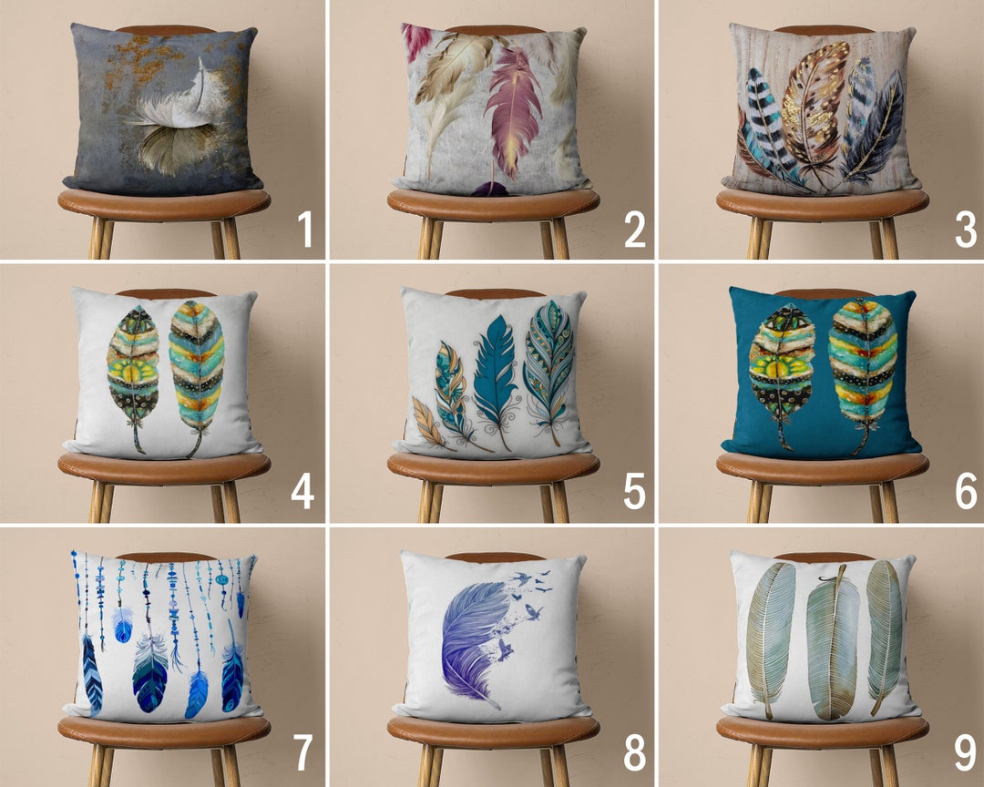 Feather Pillow Covers, Colorful Bird Lumbar Cushion Cover, Blue Bedroom