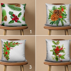 Copricuscino con fiori di agrifoglio e pigna, copricuscino con bacche invernali rosse, federa natalizia floreale, decoro Noel rosso verde, cuscino di qualsiasi dimensione