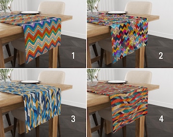 Boho Stickerei Digitaldruck Tischläufer, buntes Chevron Zickzack- und Wellenmuster Tischläufer, abstrakte ethnische Tischdecke, Retro Wohnkultur