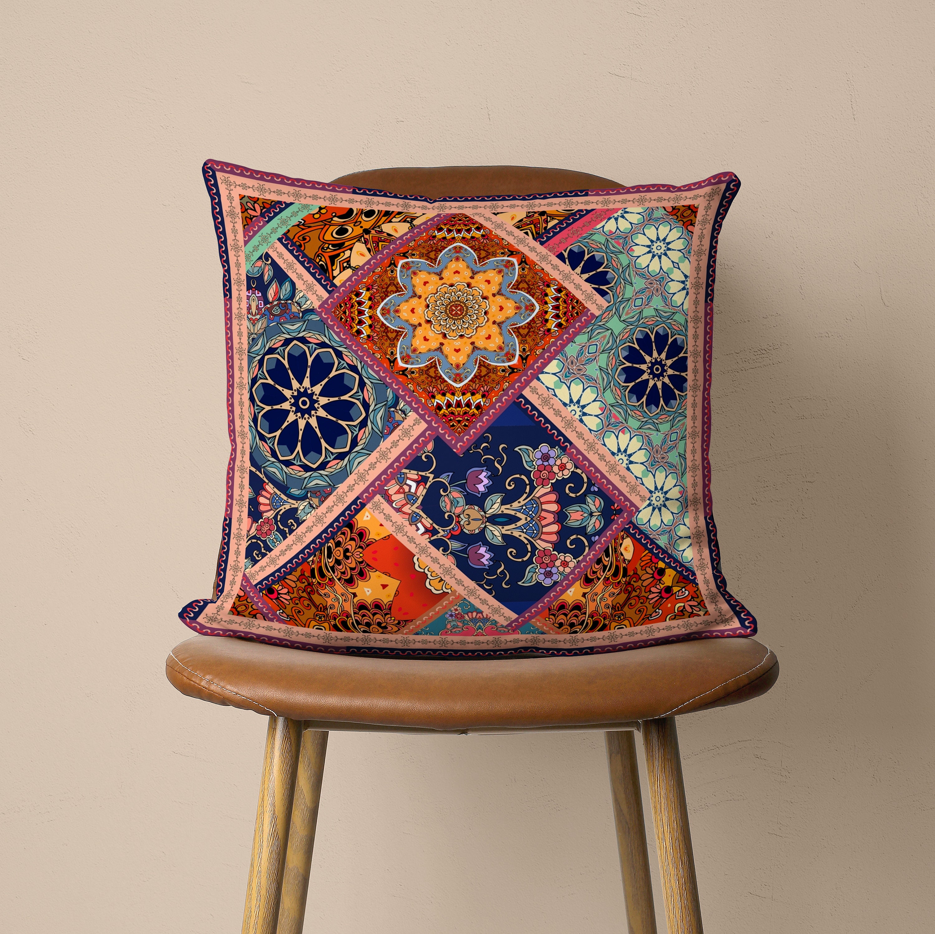 Federa per cuscino da divano, con motivo patchwork, ricami in stile etnico e paillettes Tradizionale Blue