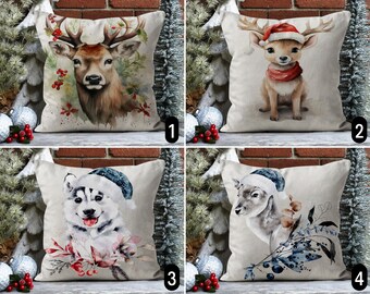 Linda funda de almohada de animales de invierno, funda de almohada Lama de perro ciervo, funda de cojín de sombrero de Navidad azul rojo, decoración navideña, almohada personalizada, solo cubierta
