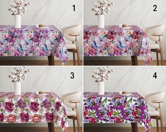 Nappe fleurs violettes, nappe florale aquarelle botanique abstraite, nappe romantique d'été et de printemps, décoration de salle à manger