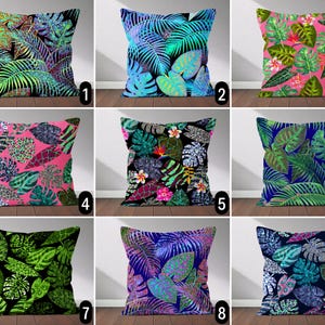 Tropical Vibrant Leaves Pillow Cover, Vivid Exotic Foliage & Leopard Print Cushion Cover, Botanical Summer Pillow Case, Boho Bedroom Decor