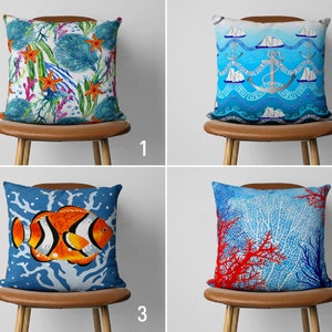 Nautical Coral Pillow Cover, Coastal House Sea & Ocean Cushion Cover, Marine Seashell Blue Throw Pillows, Any Size Pillow, 16x16 18x18