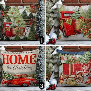 Federa per cuscino rosso per camion di Natale, federa per auto di Natale e albero di pino, accogliente fodera per cuscino con pittura invernale, decorazione Noel, regalo di Capodanno