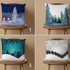 Federa per cuscino con scenario di foresta di pini, fodera per cuscino con vista invernale, federa per cuscino con paesaggio innevato blu e bianco, decorazioni natalizie, regalo di Capodanno, 16x16