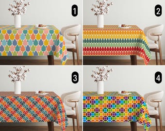 Retro Colorful Geometric Tablecloth, Abstract Mid Century Modern Tablecloth, Teardrop & Round Pattern Tablecloth, Eclectic Dining Room Decor