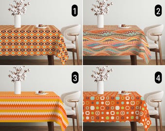 Orange Retro Abstract Tablecloth, Mid Century Modern Tablecloth, Geometric Boho Ethnic Vibrant Waves & Circles Tablecloth, Dining Room Decor