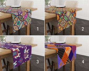 Corredor de mesa de estilo étnico, corredor de elefante indiano roxo, toalha de mesa de cozinha com estampa de retalhos, tecido doméstico boho, corredor de mesa de qualquer tamanho