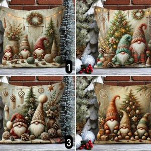 May include: Four decorative throw pillow covers featuring a winter holiday theme with gnomes, a Christmas tree, and a whimsical woodland scene. The pillows are beige with a light brown trim.