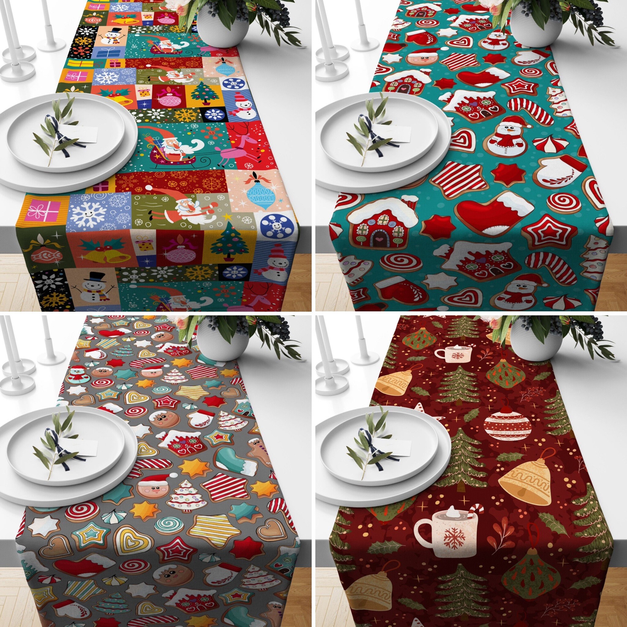 Joyful Christmas Table Runner, Colorful Xmas Runner, Blue Red Holiday Kitchen Textile, Dining Room Decor, Personalized Table Runner