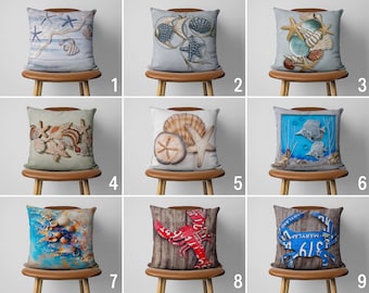 Housse de coussin bleu marine coquillage et étoiles de mer, housse de coussin côtière avec crabe, taie d'oreiller océan, décoration de maison de plage, 12 x 12 16 x 16