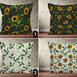 Sunflower Throw Pillow Case, Floral Rustic Green Yellow Pillow Cover, Boho Watercolor Country House Cushion Cover, Any Size, Euro Sham Cover