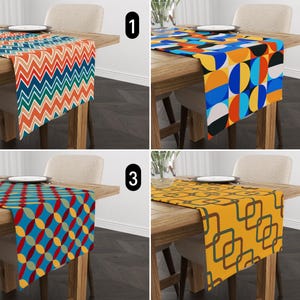 Runner da tavolo colorato retrò moderno di metà secolo, runner con motivo a cerchio a zigzag a zigzag, tovaglia geometrica boho vivace, arredamento per sala da pranzo