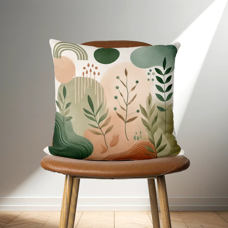 Boho Abstract Throw Pillow Case, Green & Terracotta Leaves Design