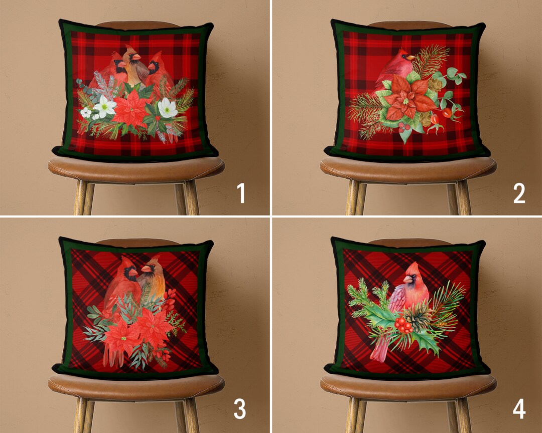 Cute Cardinal Bird Throw Pillow Cover, Christmas Flower Pillow Case, Black Red Plaid Pillow