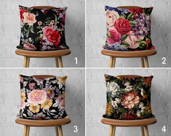 Boho Roses & Peonies Throw Pillow Cover, Black Pink Floral Pillow Cover, Luxury Flower Design Cushion Cover, Living Room Decor, 18x18, 20x20