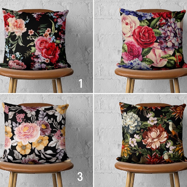 Boho Roses & Peonies Throw Pillow Cover, Black Pink Floral Pillow Cover, Luxury Flower Design Cushion Cover, Living Room Decor, 18x18, 20x20