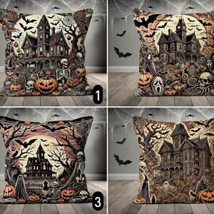 Halloween Old School Style Pillow Cover, Vintage Spooky Haunted House Cushion Cover, Skeletons Ghosts & Jack-O&#39;-Lanterns Pillow Case, 18x18