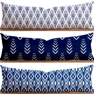 Blue Ikat Print Lumbar Pillow Cover, Ethnic Luxury Long Cushion Cover, Authentic Navy Blue & White Oversized Pillow Cover, Any Size Pillow