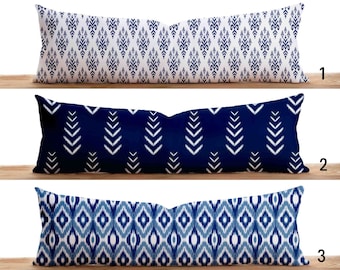 Blue Ikat Print Lumbar Pillow Cover, Ethnic Luxury Long Cushion Cover, Authentic Navy Blue & White Oversized Pillow Cover, Any Size Pillow