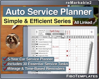 5-Year Car Service Planner Template for reMarkable - Track Auto Maintenance & Routine Services - Hyperlinked PDF Download