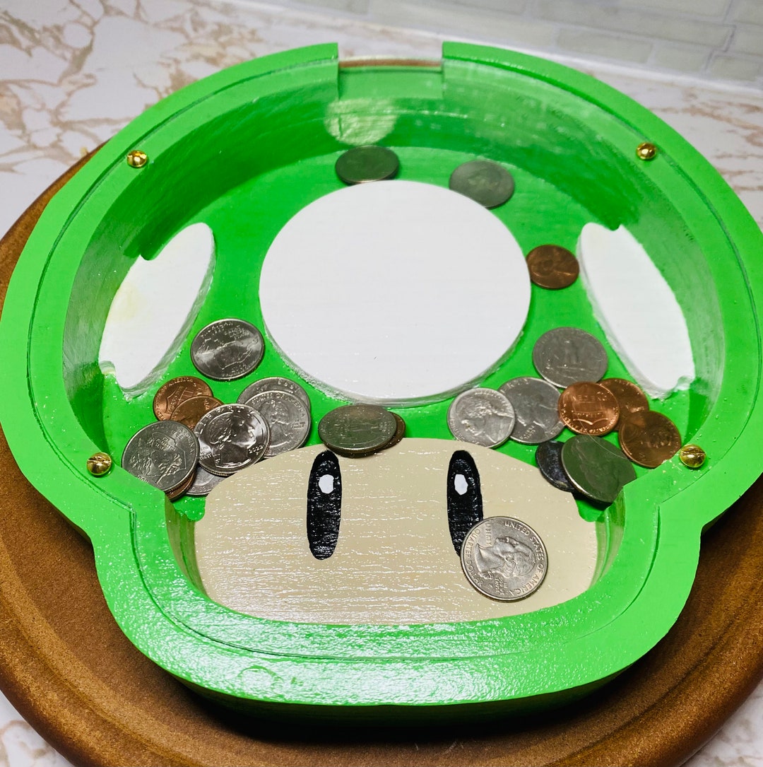 1up Mushroom Bank, Mario Bros Piggy Bank, Wooden Coin or Bottle Cap
