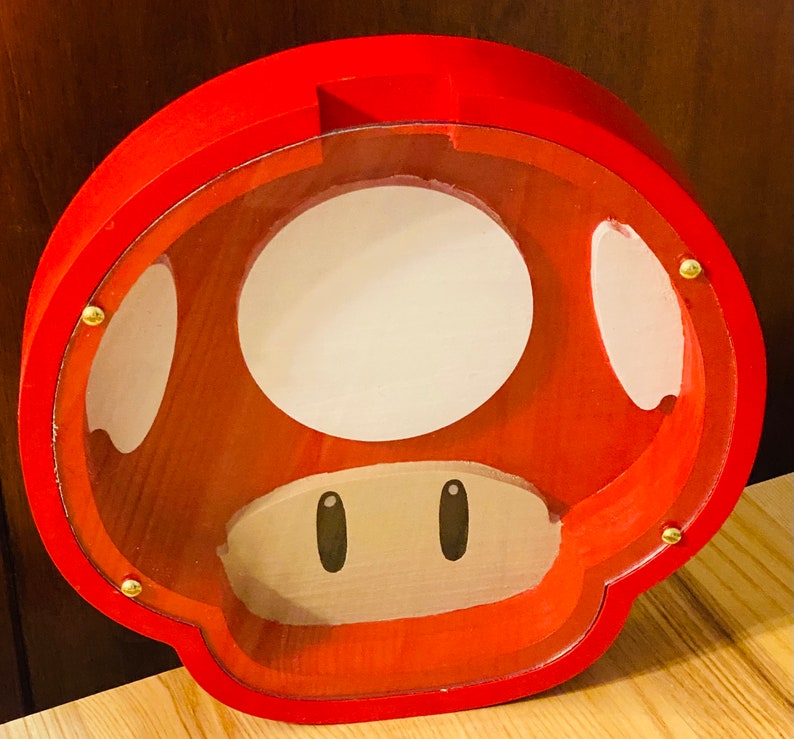 Super Mushroom Bank, Mario Bros Piggy Bank, Wooden Coin or Bottle Cap