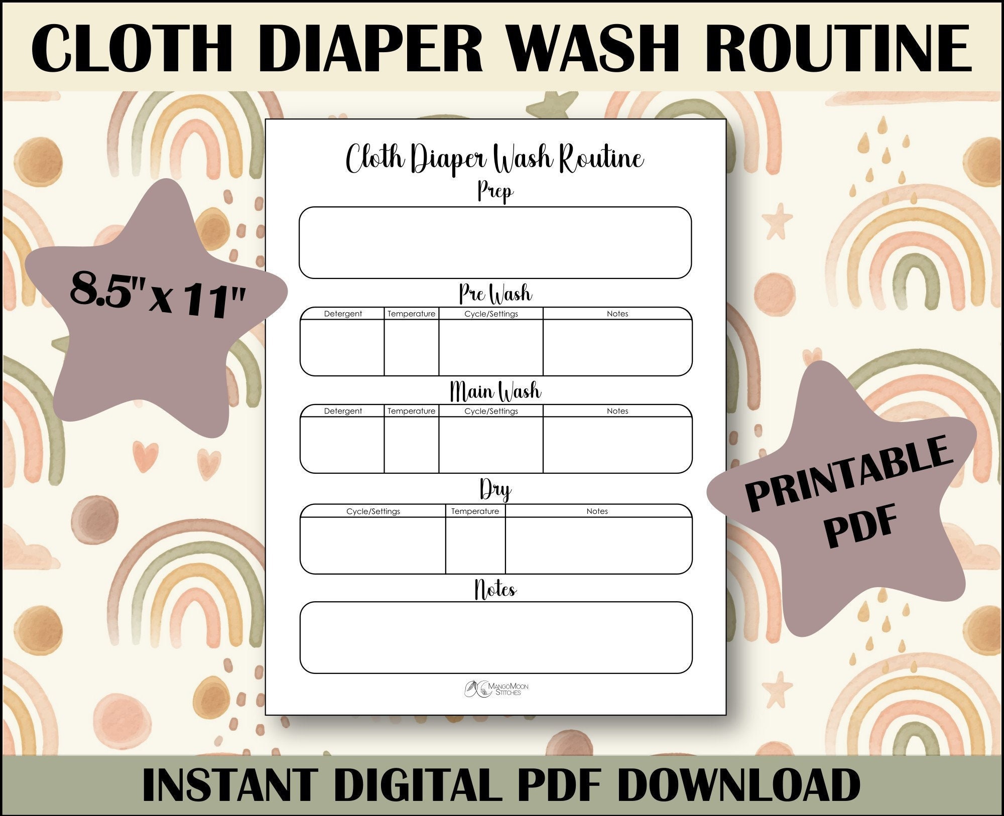 Cloth Diaper Wash Routine Printable PDF Instant Download Digital