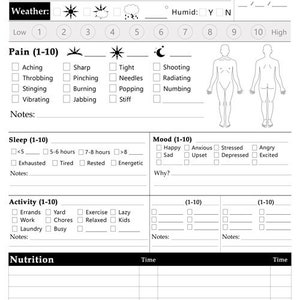 May include: A black and white printable daily tracker with sections for weather, pain, sleep, mood, activity, and nutrition. The tracker includes a space for notes and a calendar for tracking dates.