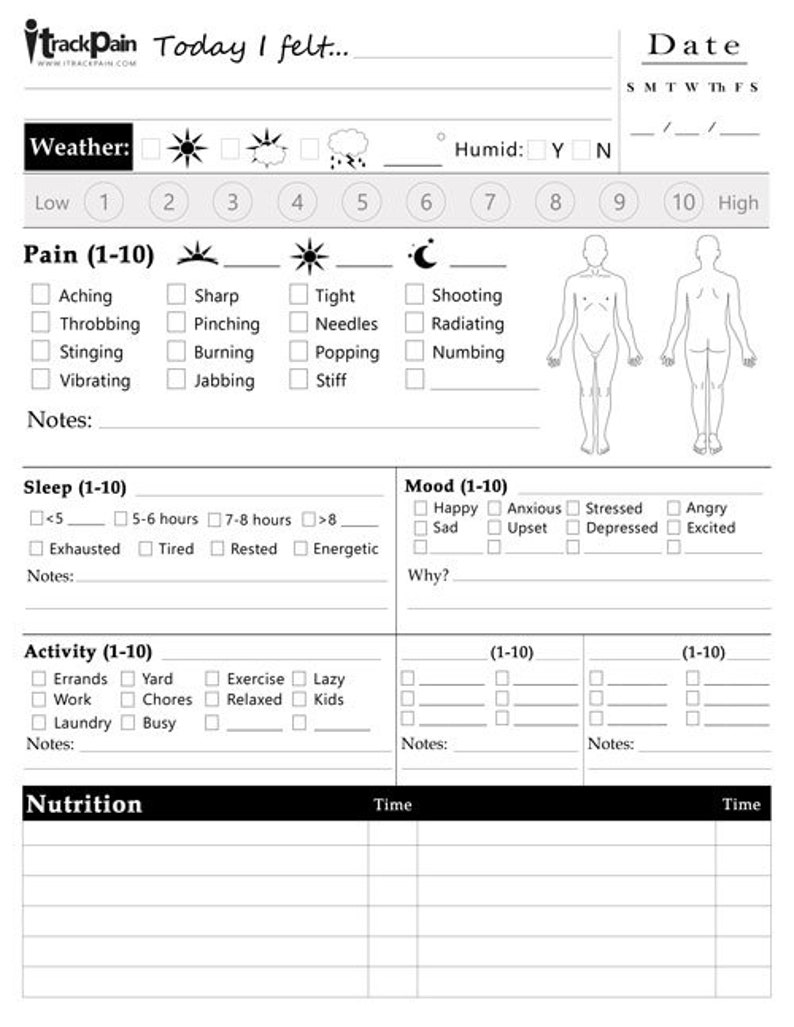 May include: A black and white printable daily tracker with sections for weather, pain, sleep, mood, activity, and nutrition. The tracker includes a space for notes and a calendar for tracking dates.