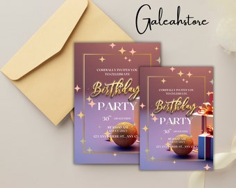 Può includere: Due inviti per una festa di compleanno con sfumature viola e rosa con stelle dorate scintillanti e testo dorato. Il testo recita "Cordially invites you to celebrate Birthday Party" con l'età e la data della festa. Un invito presenta una scatola regalo dorata con un fiocco dorato e l'altro presenta una palla dorata.
