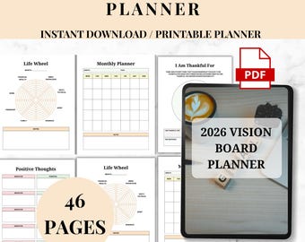 May include: A digital planner with the text "2026 Vision Board Planner" and "Instant Download / Printable Planner." The planner includes pages for a life wheel, monthly planner, and positive thoughts. The image also shows a tablet with the planner displayed.