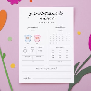 Carte de prédictions de bébé minimale, jeux mignons de baby shower, conseils et souhaits pour les futurs parents, modèle toile pastel, fête modifiable imprimable