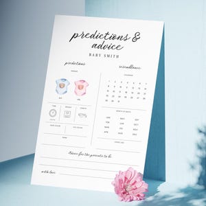 Carte de prédictions de bébé, jeux de baby shower mignons, conseils pour les parents, modèle de toile pastel, fête modifiable imprimable, simple signe pdf